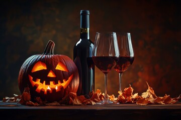 The image shows two glasses of wine and a bottle with a jack-o-lantern on a dark foggy background. The pumpkin is scary and is made of glass.