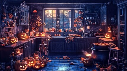 The haunting feast from Ai generated in a medieval kitchen with grotesque pumpkins, skulls, candles, and cauldrons.