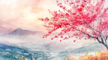 Painting watercolor landscape pink red flower of Wild himalayan cherry tree roadside in the morning with vintage emotion sky cloud background, Hand painted, beauty nature winter season 