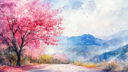 Painting watercolor landscape pink red flower of Wild himalayan cherry tree roadside in the morning with vintage emotion sky cloud background, Hand painted, beauty nature winter season 