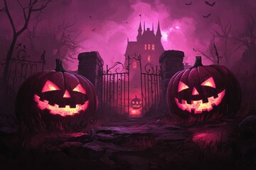 Canvas Print - Background with dead people, graveyard, and pumpkins of Halloween night