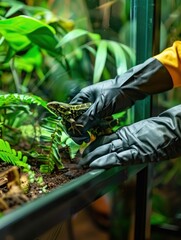 Gloved hand holding a lizard in a terrarium with green plants.