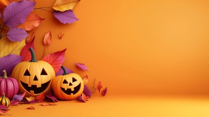 Wall Mural - This is a mock up of a happy halloween flat lay with pumpkins, leaves, spiders web and orange background. This is a concept composition for an autumn holiday.