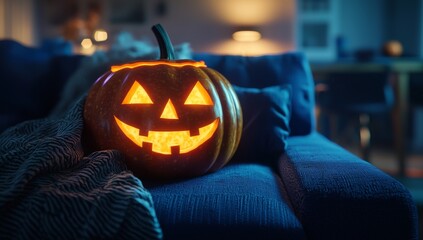 Canvas Print - Halloween pumpkin on interior, holidays, decoration and party concept - home room with jack-o-lanterns and pumpkins on sofa, with Halloween decorations, Stock image.