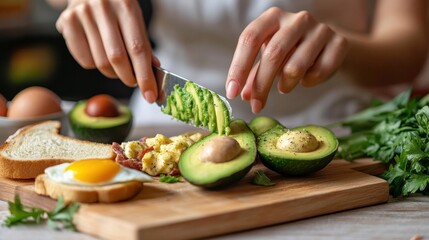 Wall Mural - Close-up of a woman slicing an avocado for a healthy breakfast, with toast and eggs nearby