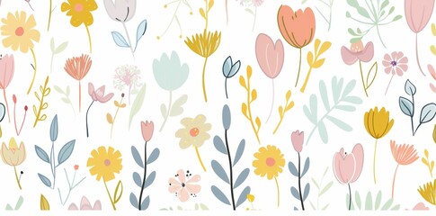 Wall Mural - A vibrant floral pattern featuring various flowers and leaves on a white background, showcasing soft pastel colors