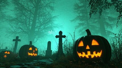 Wall Mural - An evil skeleton and pumpkin in a graveyard with dark smokey background on a dark autumn night