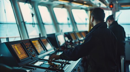 Wall Mural - Two individuals manage the control panels aboard a ship's bridge, with an array of screens and devices displaying navigational data over a calm sea.