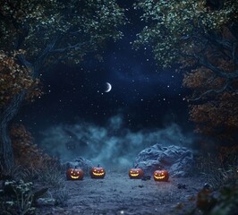 Canvas Print - The dark atmosphere of the moon and pumpkins adds a spooky, halloween-themed atmosphere to this image, which can be used as a background