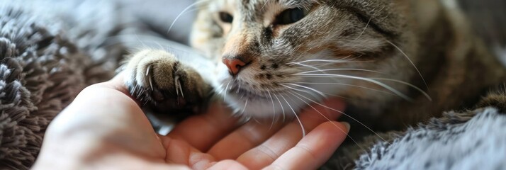 Poster - Close-up of a cat's paw and face as it rests on a person's hand.