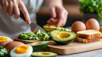 Wall Mural - Close-up of a woman slicing an avocado for a healthy breakfast, with toast and eggs nearby