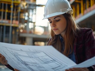 Wall Mural - Focused Female Engineer Reviewing Architectural Drawings at Active Construction Site