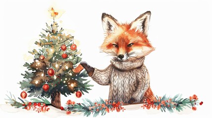 Wall Mural - watercolor sketch of a vintage fox dressed in a sweater, holding a Christmas tree adorned with a glowing garland, set against a white background