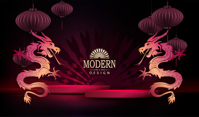 Wall Mural - Happy Chinese New Year, red card with round podium and shiny dragons.