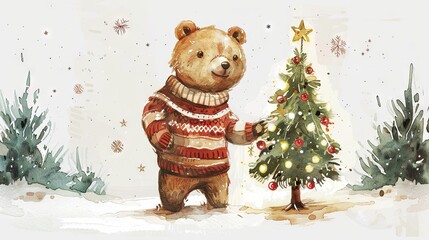 Wall Mural - A vintage-style watercolor illustration of a bear dressed in a sweater, holding a Christmas tree wrapped in a glowing garland, set against a white background