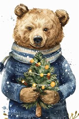 Wall Mural - A vintage-style watercolor illustration of a bear dressed in a sweater, holding a Christmas tree wrapped in a glowing garland, set against a white background