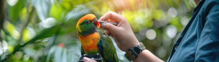 Person holding a colorful parrot with green foliage in the background.