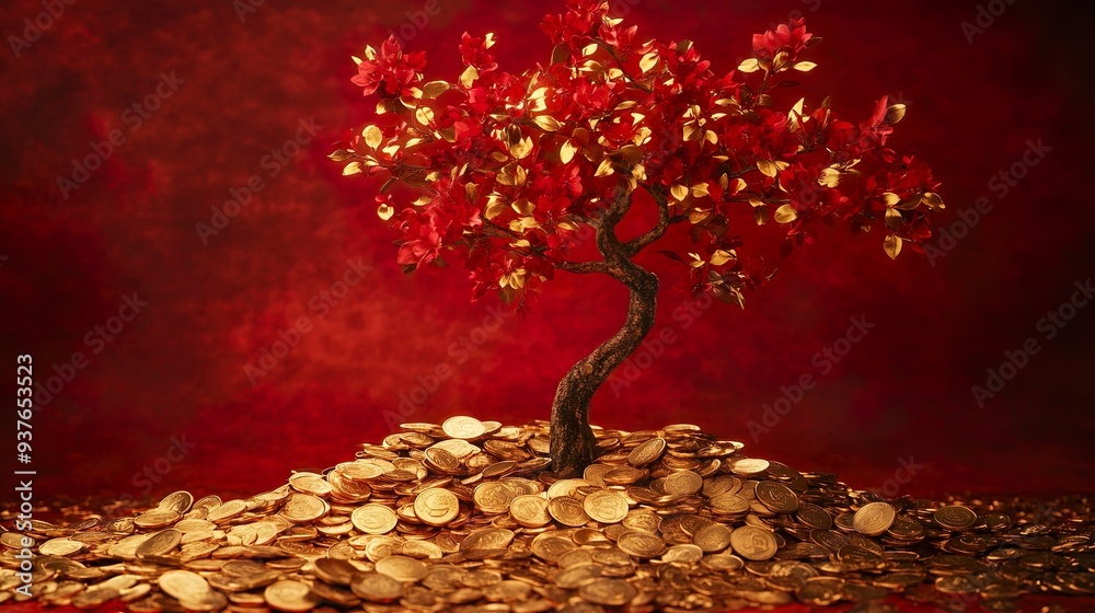 Surreal money tree with golden leaves growing on a pile of coins with a ...
