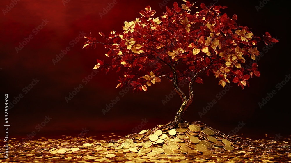 Surreal money tree with golden leaves growing on a pile of coins with a ...
