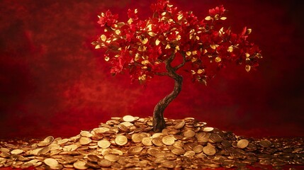 Surreal money tree with golden leaves growing on a pile of coins with a red background