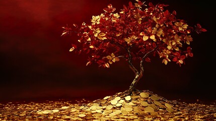 surreal money tree with golden leaves growing on a pile of coins with a red background