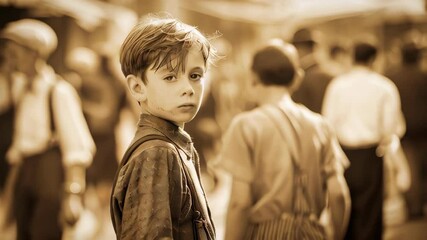 Wall Mural - A young boy standing alone on the street, vintage 1900s style sepia image