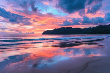 Poster - A surfboard floats in the calm waters of a beach at sunset, with the sky painted orange and yellow