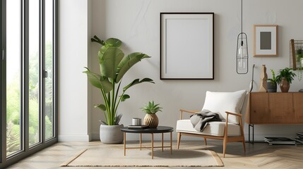 Wall Mural - Minimalistic movie poster within a wooden frame as a focal point in a modern room setting   AI generated illustration