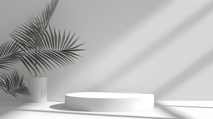 Wall Mural - Minimalistic white podium for cosmetics display with a tropical shadow on a monochrome background  AI generated illustration