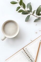 Wall Mural - Minimalistic white work desk scene featuring a flat lay of notebook pencil and cup of coffee  AI generated illustration