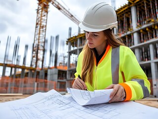 Wall Mural - Female Construction Engineer Reviewing Blueprints at Building Site with Crane and Framework