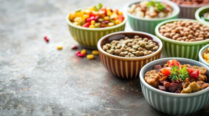 Closeup of various bowls of food with a blurred rustic background.