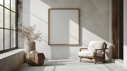 Wall Mural - Modern design room with a wooden frame that radiates minimalism through a cinematic poster  AI generated illustration