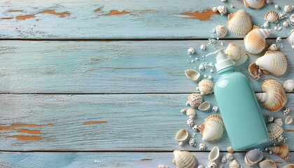 Wall Mural - Pale Blue Body Lotion Bottle on Weathered Wooden Plank  Skincare Mockup