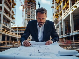 Wall Mural - Architect Studying Blueprints on Construction Site with Crane and Building Framework