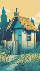 Wall Mural - An illustration of a quaint cottage with a thatched roof in a minimalist screen print