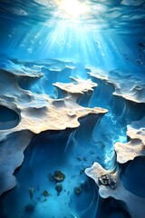 Wall Mural - Underwater Sunrays Illuminate a Rocky Seabed.