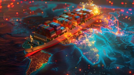 A vibrant, dynamic shot of a container ship navigating through a digital map, highlighting the global trade and shipping routes.