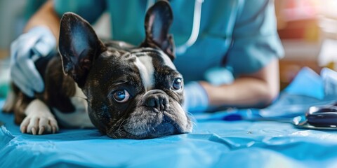 Wall Mural - A black and white french bulldog lies on a blue examination table in a veterinary clinic.