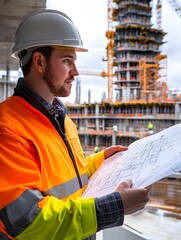 Wall Mural - Construction Safety Officer Reviewing Blueprints at Building Site with Crane and Framework