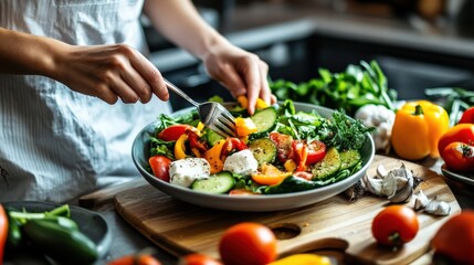 Woman enjoying a fresh salad at home, filled with colorful vegetables and a light dressing