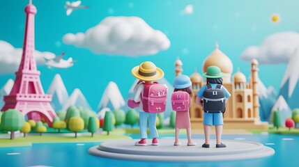 Wall Mural - D figures of cute simplified tourists marveling at iconic world monuments   AI generated illustration