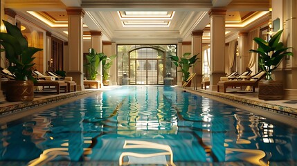 Sticker - A luxurious indoor swimming pool area with elegant decor and natural light.