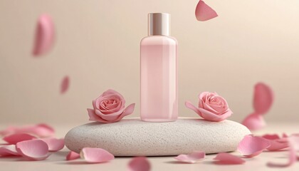 Wall Mural - Pastel Pink Body Lotion Bottle on CreamColored Stone  Skincare Mockup