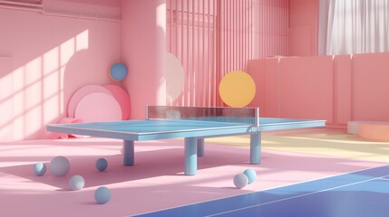 Poster - A 3D render of a cute pastel ping pong table setup   AI generated illustration