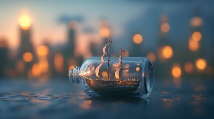 Fototapete - A 3D styled tiny ship in a bottle with a minimalist city skyline background   AI generated illustration