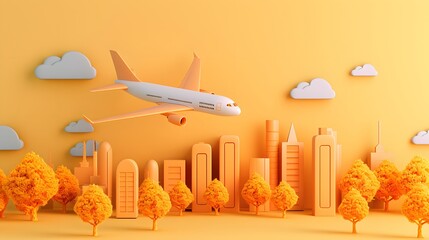 Poster - A cheerful 3D airplane soaring above minimalistic city skyline   AI generated illustration