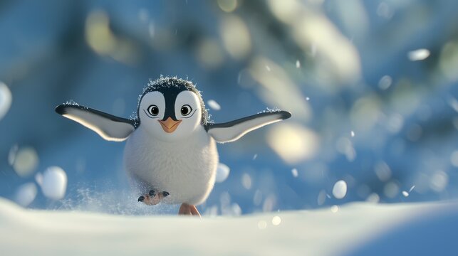 A chubby penguin trying to fly in a snowy environment   AI generated illustration