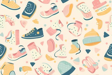 Canvas Print - A seamless pattern of colorful shoes and hats with white polka dots, stars, stripes, and geometric shapes.