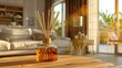 © Richafuji - Reed Diffuser on Wooden Table in Modern Living Room.